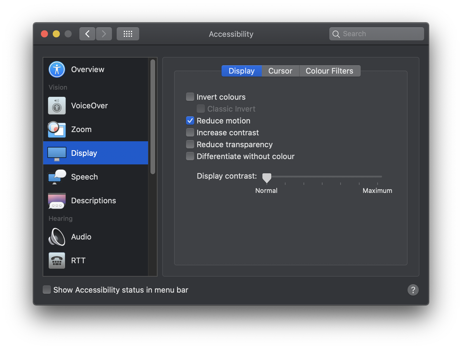 Mac OS Accessibility Settings with Reduce motion set